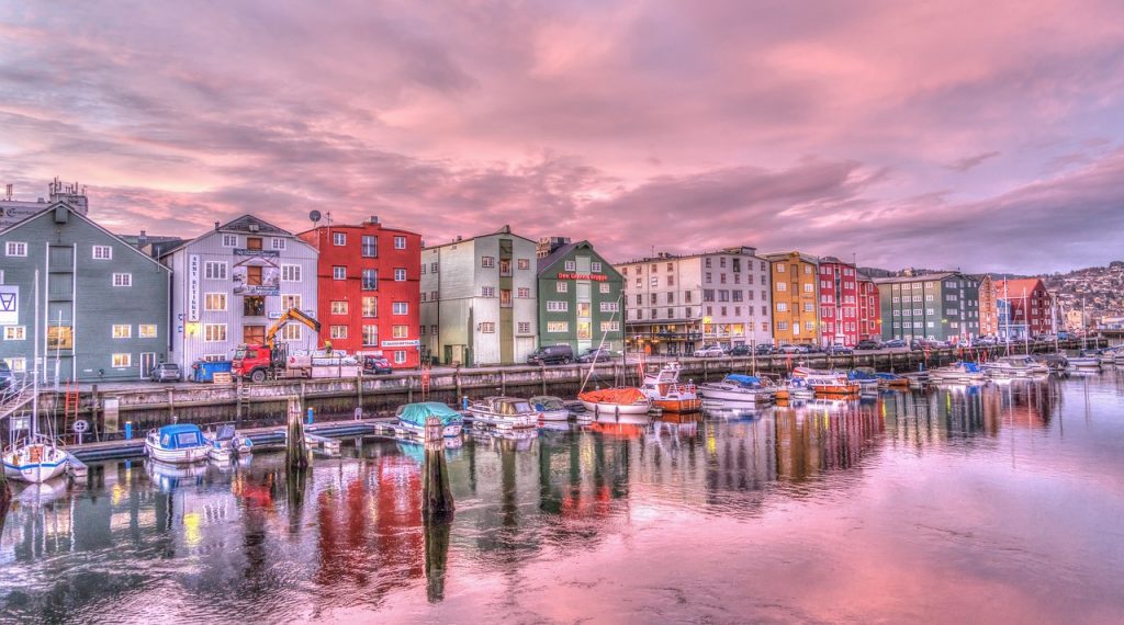 Colorful houses at the harbour of Trondheim 